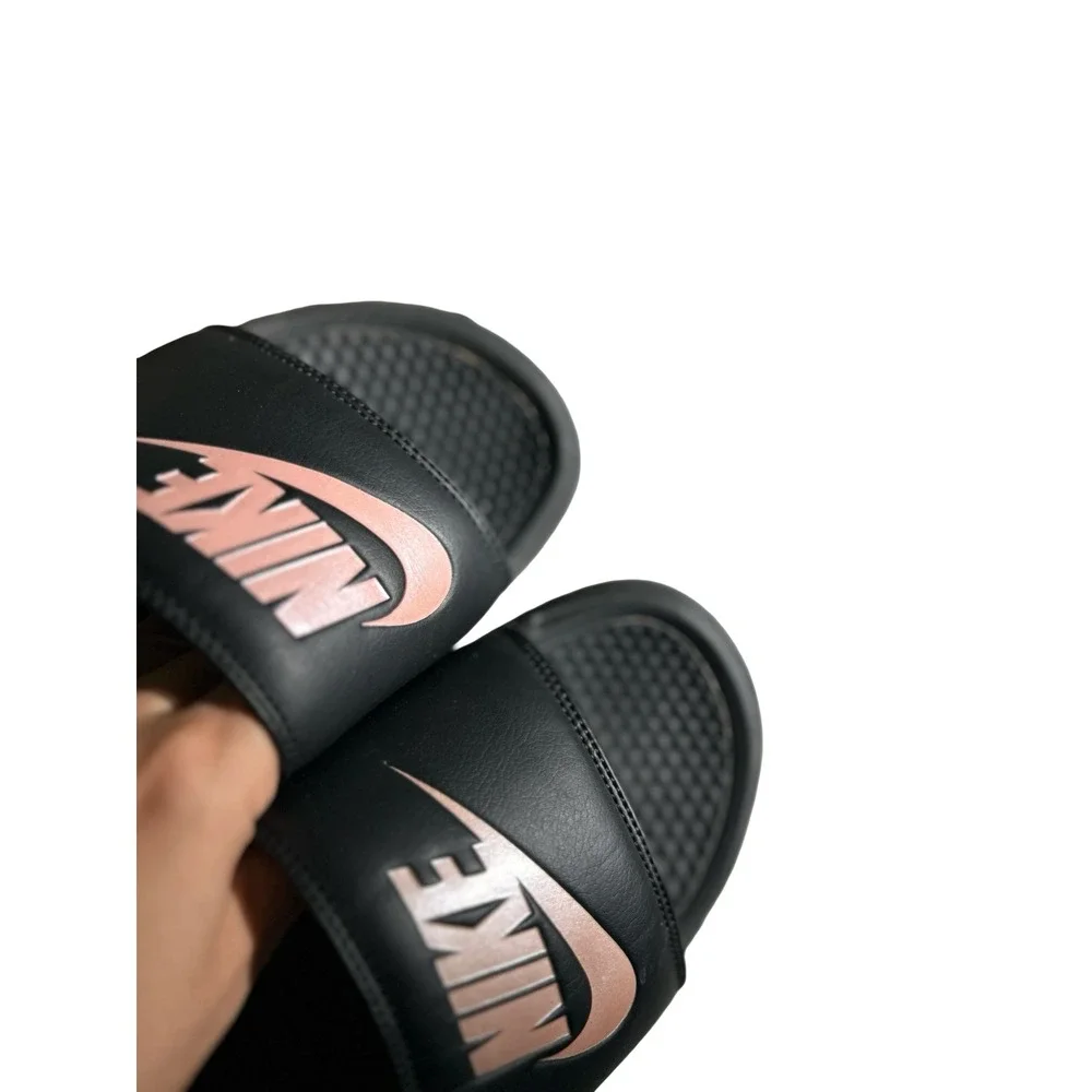 Nike Benassi JDI Black Rose Gold Metallic Slides Sandals 343881-007 Womens 11